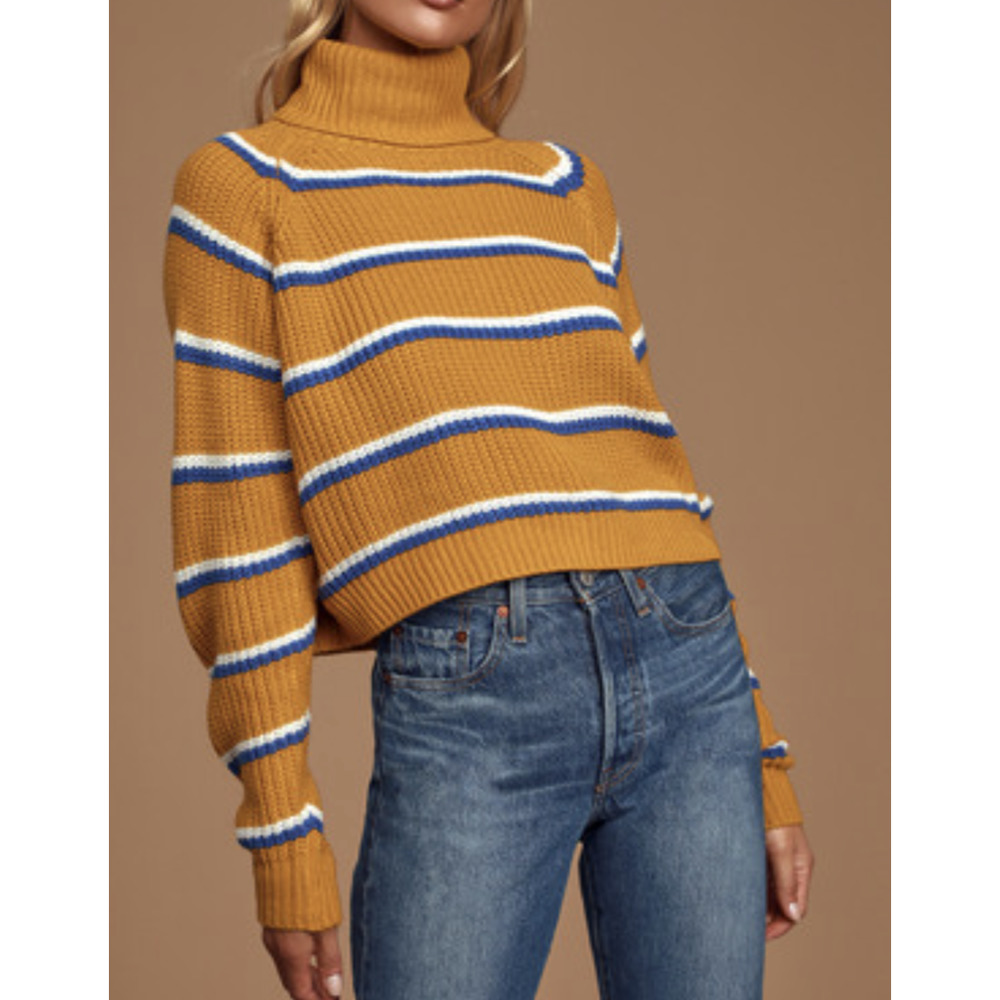 Lulus Open Hearted Love Striped Cropped Turtleneck Sweater Mustard Yellow Size M